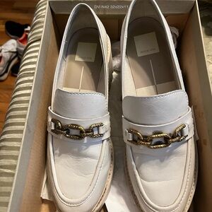 Dolce Vita White Leather Loafers with Gold Chain Accent
